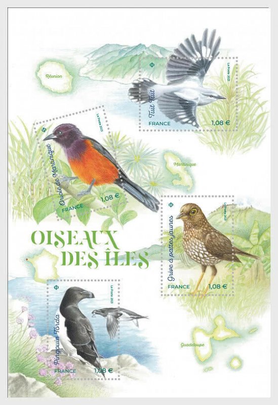 2021   FRANCE  -  ISLAND BIRDS  - UNMOUNTED MINT MINI SHEET