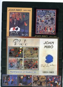 MALDIVES 2003 PAINTINGS BY JOAN MIRO SET & SHEET OF 4 STAMPS & 2 S/S MNH