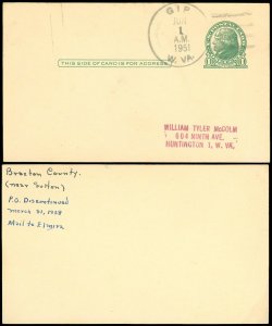 JUN 1, 1951 ODD TOWN / SMALL TOWN Cds, GIP WEST VIRGINIA (DPO) CxL Postal Card!