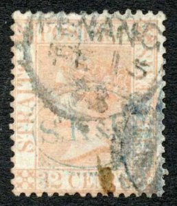 Straits Settlements SG17 32c Pale Red Wmk Crown CC Cat 85 pounds