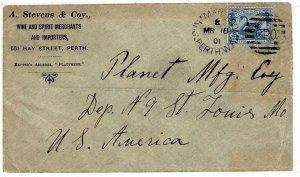 Western Australia 1901 Ship Mail Room Perth cancel on cover to the U.S. Liquor