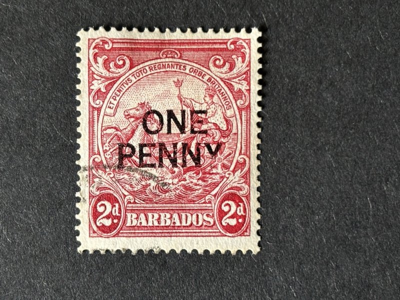 Barbados: 1947,  One Penny surcharge with short Y flaw, Perforation 14, VG Used