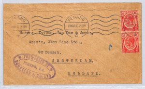 Malaya Straits PENANG Cover Superb *FORWARDED AGENT CACHET*FAC 1932 Holland YC51