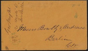 US GERMANY 1869 LINWOOD NORTH CAROLINA IN BLUE DATED CANCEL PREPAID 7¢ IN BLUE