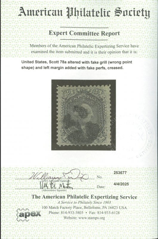 U.S. #78a USED WITH APS CERT
