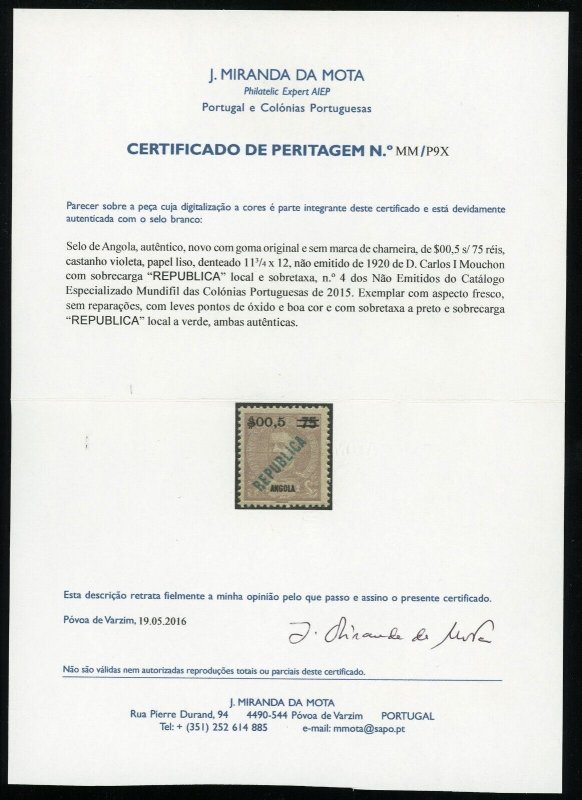 Angola Republic 1921 Overprint Postage Certificate King Carlos 0.05c on 75c MNH