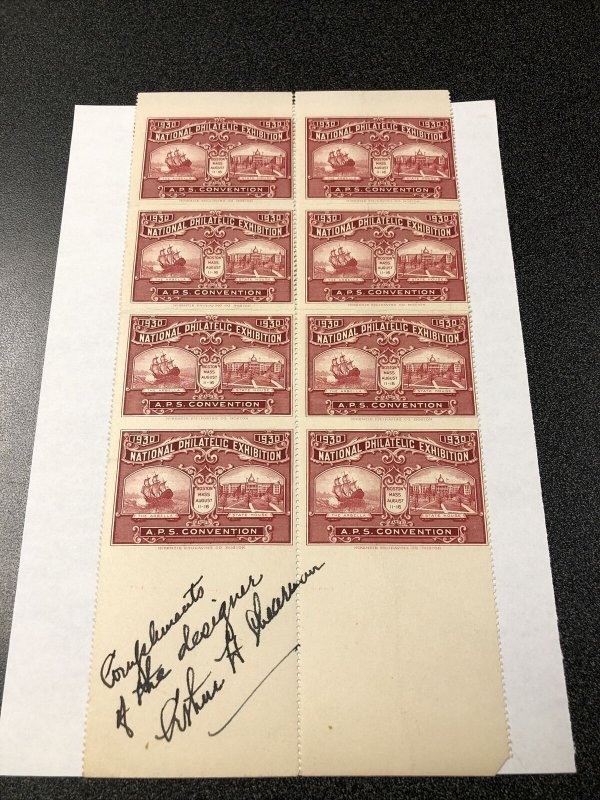 1939 National Philatelic Exhibition Sheet Of 8 Imperf. Signed By The Designer. 