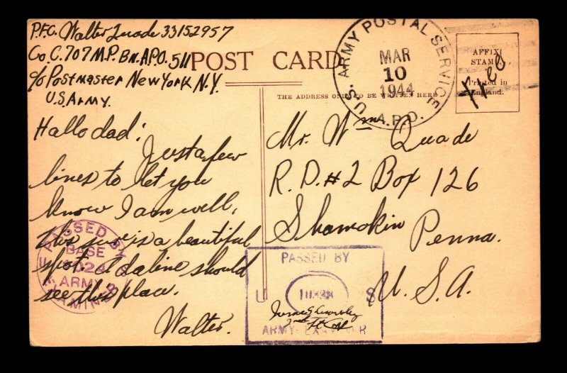 1944 APO Post Card / Front Card Inscription Censored - L8536