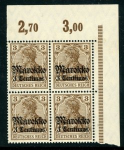 Morocco 1911 Germany  3¢/3 pfg Brown Sc #45 Watermarked Corner BLOCK MNH F698