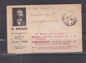 VICTORIA, PAID AT GEELONG cds., 1908 ppc. SHEEP, Mr. MARCHANT, OPTICIAN advert.
