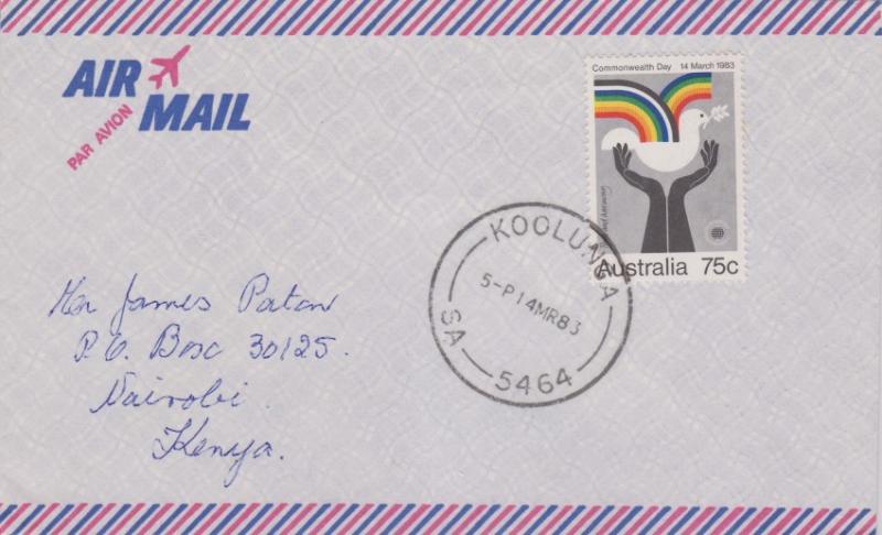 Australia 75c Commonwealth Day 1983 Koolunga, SA-5464 Airmail to Nairobi, Kenya.