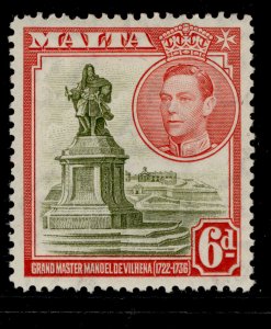 MALTA GVI SG225, 6d olive-green and scarlet, LH MINT.