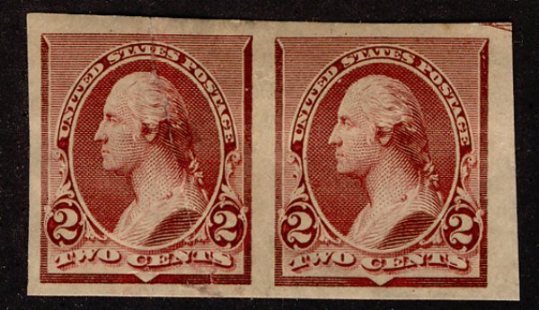 US #219D on stamp paper, IMPERF PAIR, VF mint  hinged, deep rich Lake color, ...