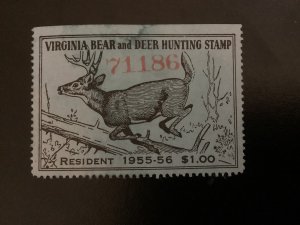 US Virginia State Revenue Big Game used #BG35 1955-56 Resident no gum bear/deer