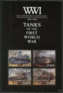 St Kitts 2014 MNH WWI WW1 100th First World War I 4v M/S Tanks Military Stamps