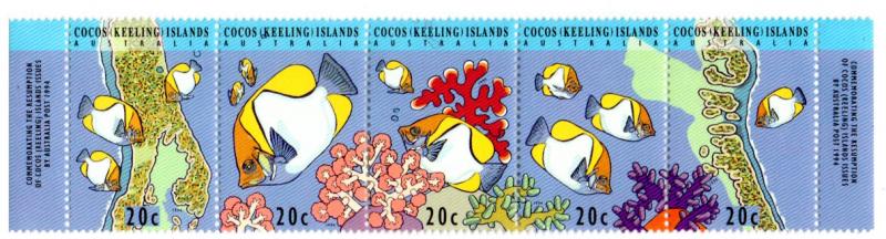 COCOS ISLAND 291 MH STRIP/5 SCV $2.00 BIN $1.00 MARINE LIFE