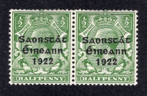 Ireland 1923 1/2p green Overprint Coil Pair, Scott 59 MNH, value = $13.00