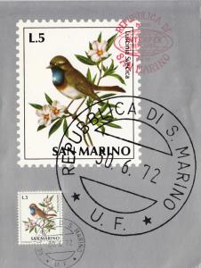 San Marino 1972 Maxicard Scott #781 5l White-spotted bluethroat Birds INTERPE...