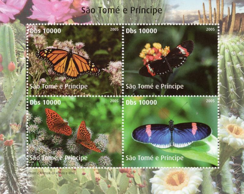 Sao Tome and Principe 2005  Butterflies/WWF w/Logo Shlt (4) Perforated MNH VF