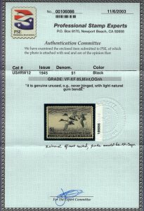 RW12 - Federal Duck Stamp. PSE Cert. MNH. OG.  #02 RW12PSECERT