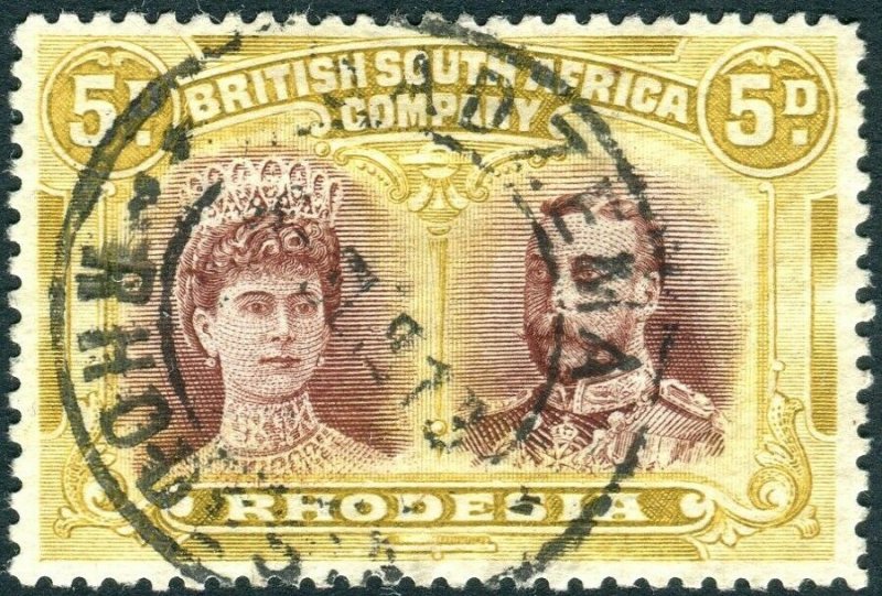 RHODESIA-1910-13 5d Purple-Brown & Ochre Perf 14.  A fine used Sg 141ab