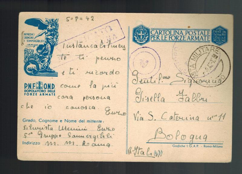 1942 Italy Fieldpost Submarine Postcard Navy cover to Bologna U boat