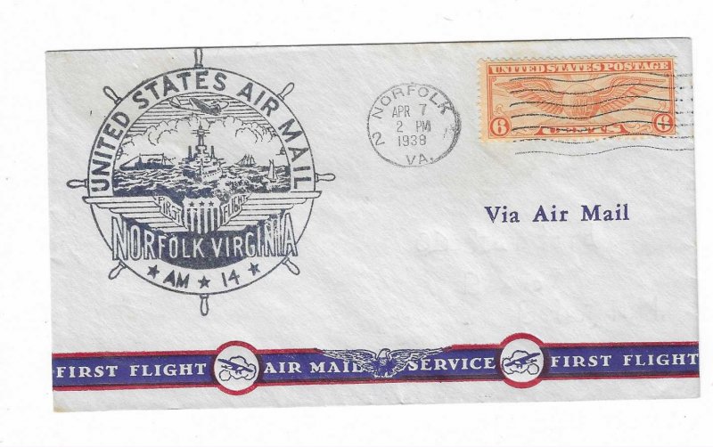 US FIRST FLIGHT COVER: 1939 NORFOLK VA AM 14
