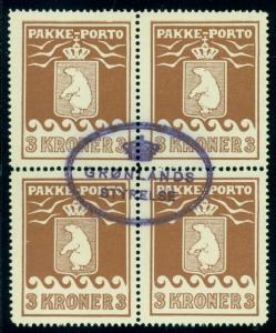 GREENLAND #Q9 3kr Pakke Porto, Block used w/crown oval cancel Gronlund cert