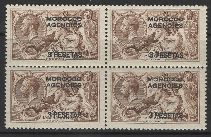 MOROCCO AGENCIES SG142 1926 3p on 2/6 CHOCOLATE-BROWN BLOCK OF 4 MTD MINT