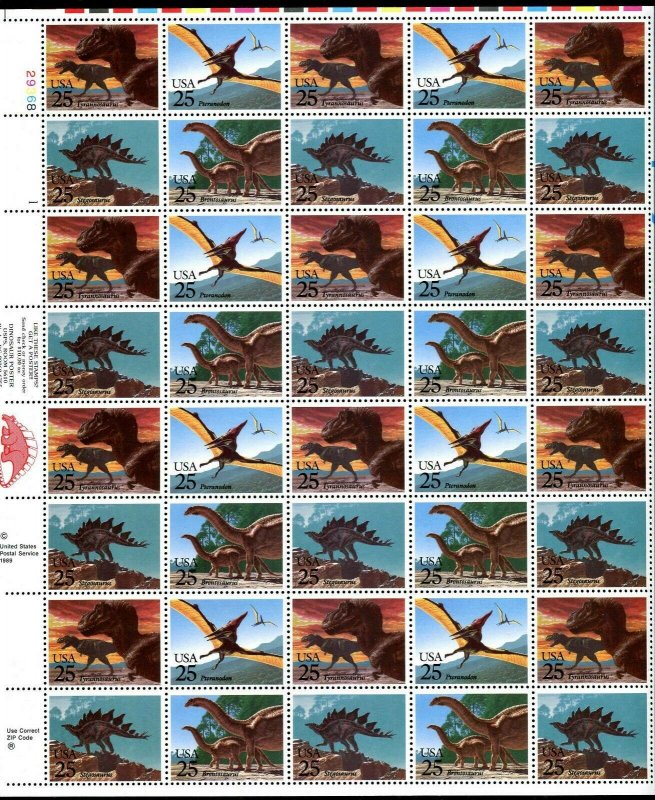 Scott # 2422 - 2425 Prehistoric Animals 25¢ Sheet of 40  MNH Dinosaurs 1989