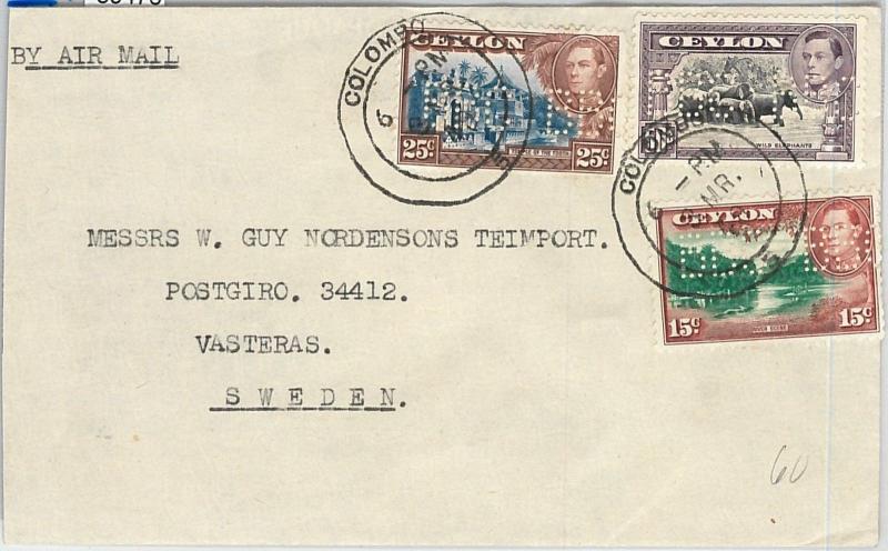 59476 - CEYLON - POSTAL HISTORY: PERFIN stamps BBC on COVER to SWEDEN  1949