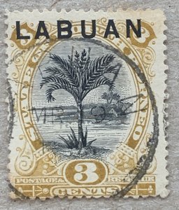 Labuan 1894 3c Palm. Postally used but thinned. Scott 51, CV $25.00. SG 64