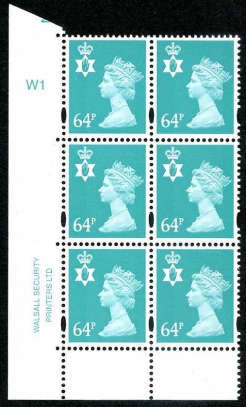 NI86 1993 N. Ireland 64p turquoise-green W1 no dot plate block cat 54++ pounds