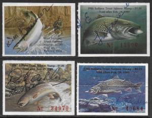 USA 1985-1988 INDIANA Trout & Salmon Fishing Revenue Stamp #36-39 Signed