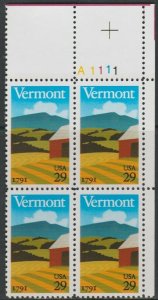 1991 Vermont Statehood, 200th Anniv. Plate Block of 4 29c Stamps, Sc# 2533, MNH