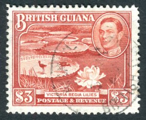 British Guiana 1938 KGVI. $3 red brown. Used. P12.5. SG319.