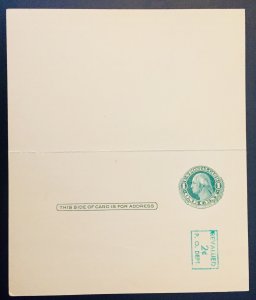 United States #UY14 2¢+2¢ Washington Postal Reply Card (1952). Mint