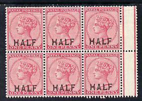 Natal 1895 QV HALF on 1d rose marginal block of 6 - three...