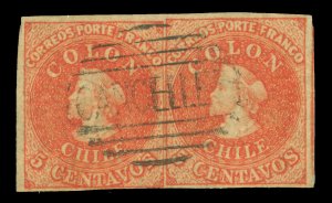 CHILE 1857 COLUMBUS - Estancos - 5c vermilion  Scott # 9d used SUPERB PAIR