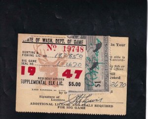 1947 WA State: Hunting/Fishing License W/Fed. Duck & Elk Tag, Wooten #1 (43614)