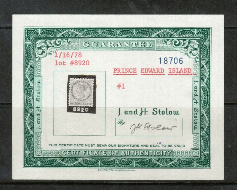 Prince Edward Island #1 Extra Fine Mint Full Original Gum Hinged **With Cert.**