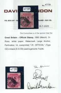 1890 GB QV SGO9 Type 2 Inland Revenue Overprint with Certificate. Minor Faults