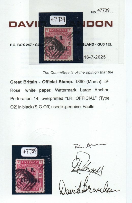 1890 GB QV SGO9 Type 2 Inland Revenue Overprint with Certificate. Minor Faults