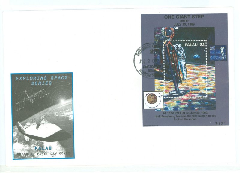 Palau 518 1999 $2 Apollo II One Giant Step mini-sheet on an unaddressed cacheted FDC