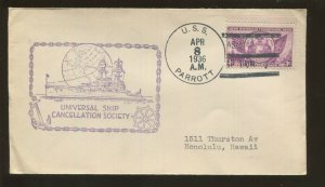 1936 USS PARROTT Asiatic Station to Honolulu Hawaii Navy Postal Cover