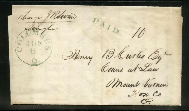 UNITED STATES 1837 COLUMBUS OH  STAMPLESS  COVER BLUE PAID 10 QUESTIONING A DEBT