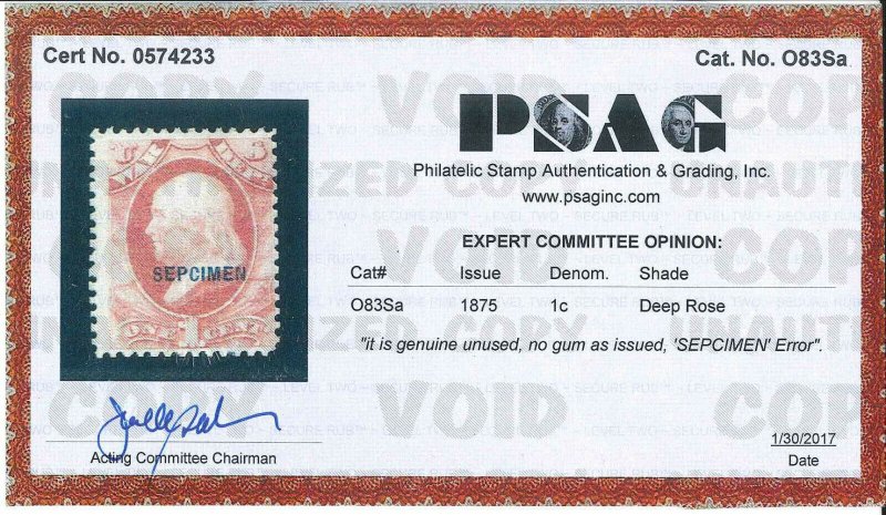 Officials O83a SEPCIMEN Error Very Rare Mint NGAI PSAG Cer SCV $3,000