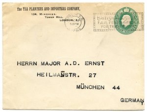 GB 1920 Postal Stationery Envelope London/Germany/Tea Planters