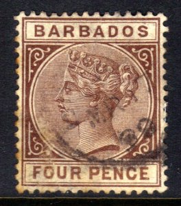 Barbados 1882 - 86 QV 4d Pale Brown used SG 98 ( D516 )