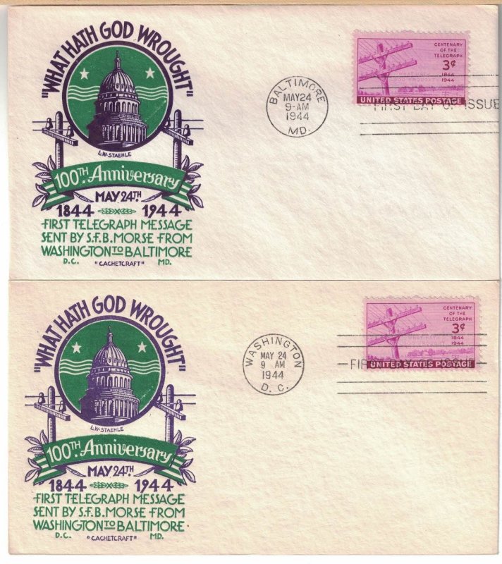 1944 FDC, #924, 3c Telegraph, CC/Staehle - 2 cities